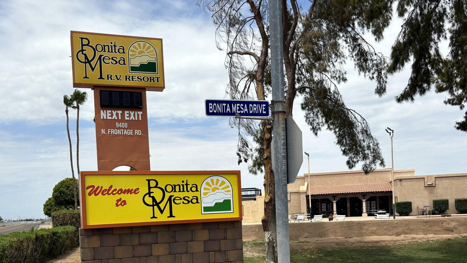 Welcome to Bonita Mesa RV Resort entrance sign, Yuma Foothills
