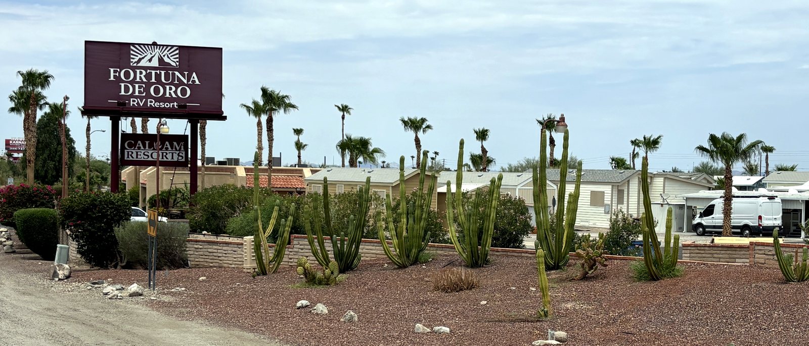 Fortuna de Oro RV Resort entrance sign, Yuma Foothills