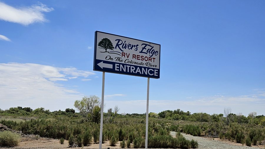 Rivers Edge RV Resort entrance sign on the Colorado River, Winterhaven
