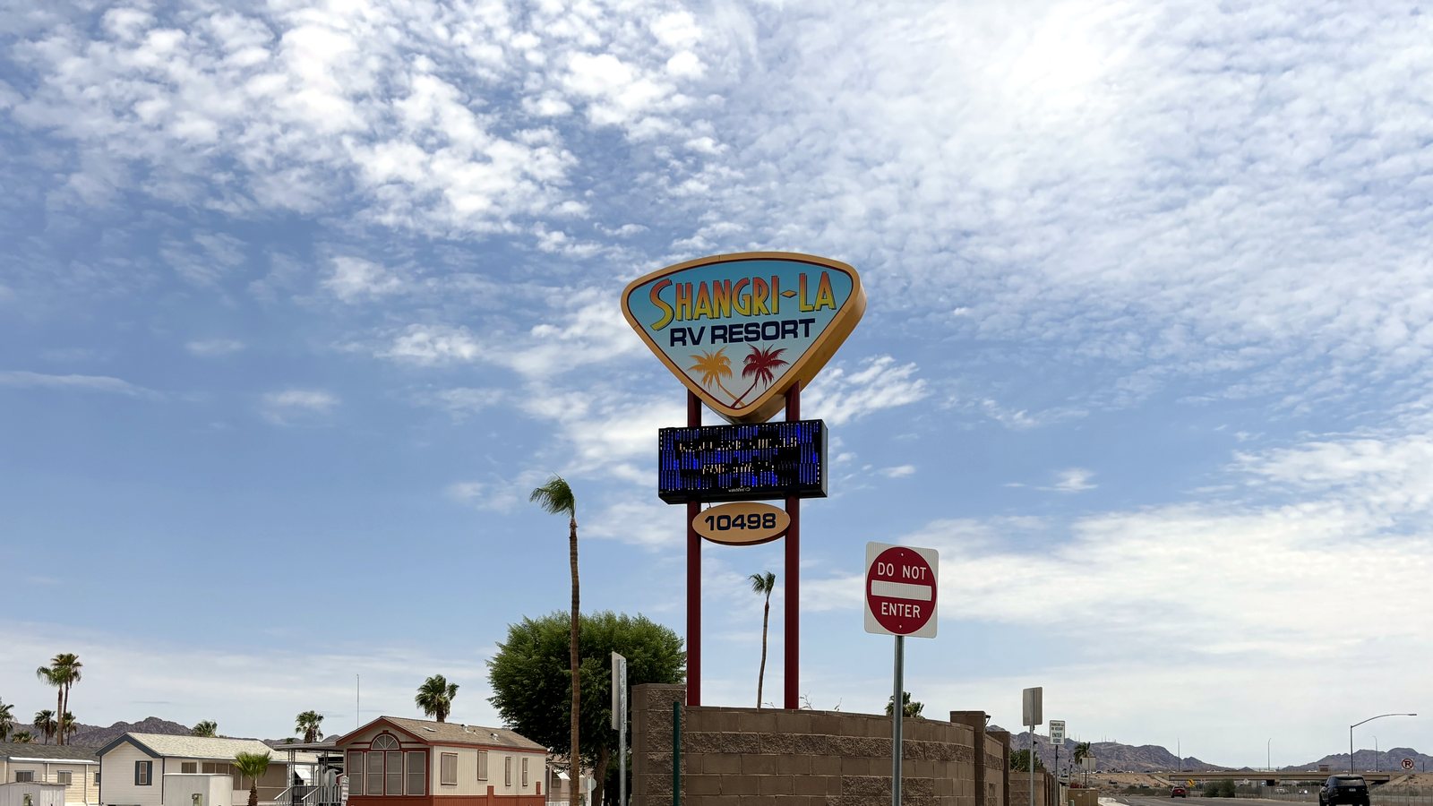 Shangri-La RV Resort entrance at 10498 N. Frontage Rd, Yuma